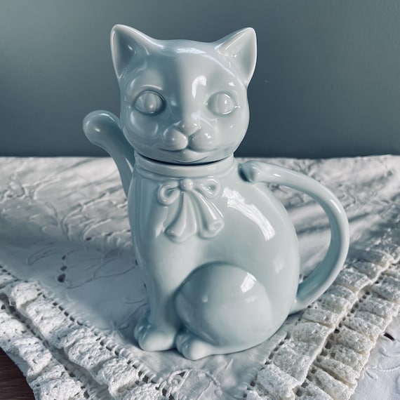 Vintage Maneki Neko Japanese Porcelain Celadon Cat Teapot - Lucky Cat Teapot, Made in Japan