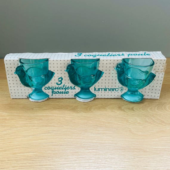 Farmhouse Chic Teal Glass Egg Cups/Coquetiers from Cristal D'Arques-Durand France (Arcoroc/Luminarc) - New in Box/Old Stock Vintage