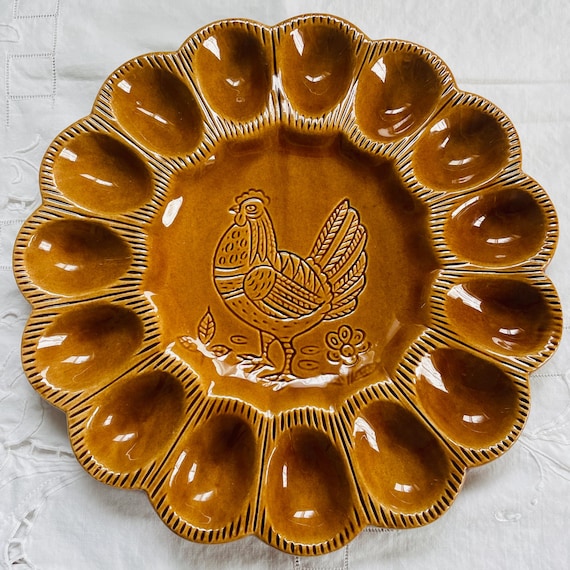 Hazel Brown Glazed Pottery Rooster Deviled Egg Tray by California Stoneware, Vintage Deviled Egg Platter, Farmhouse Chic Decor