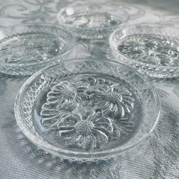 Set of Four Vintage Floral Glass Coasters, Breteuil by Cristal d'Arques, Made in France