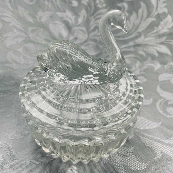 Collectible Vintage Jeannette Glass Swan Powder Box with Lipstick Holder - Depression Era, Art Deco Aesthetic