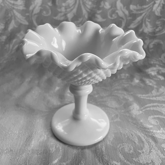 Vintage Mint Dish, Crimped Round Compote with Round Base - Westmoreland English Hobnail Milk Glass Pedestal Candy Dish