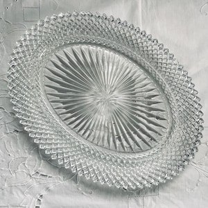 1930s Miss America Clear Oval Serving Platter, Clear Depression Glass from Anchor Hocking - chipped on two of the edge points