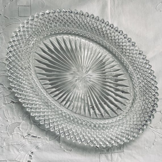1930s Miss America Clear Oval Serving Platter, Clear Depression Glass from Anchor Hocking - chipped on two of the edge points