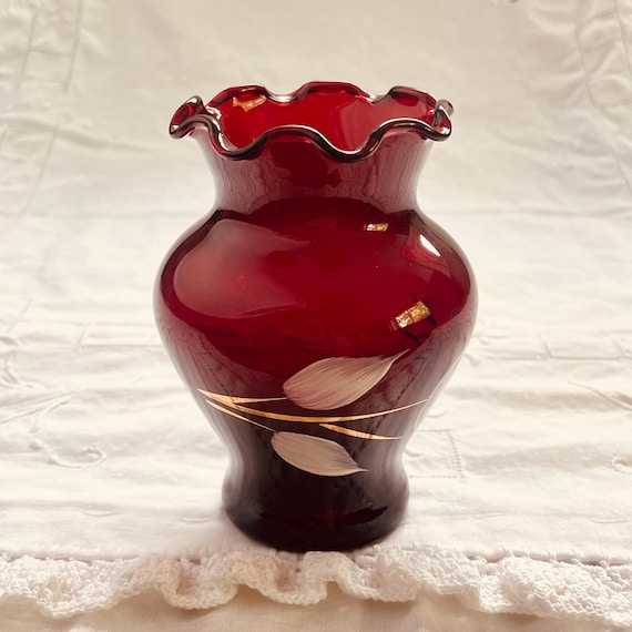 Royal Ruby Vase • 4" Anchor Hocking Crimped Glass Vase • Hand Painted Cream Flowers Gold Leaf Accents • Vintage Depression Glass