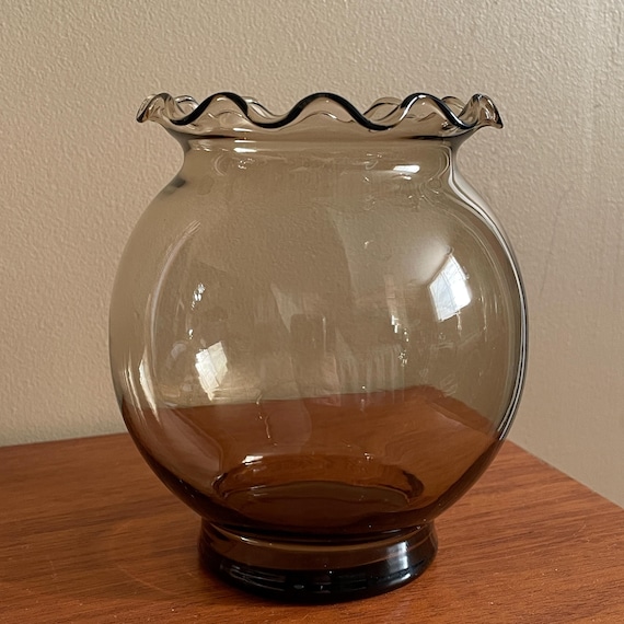 Vintage Smoked Taupe Rose Bowl Indiana Glass Co. Vase, Warm Grey Candle Bowl