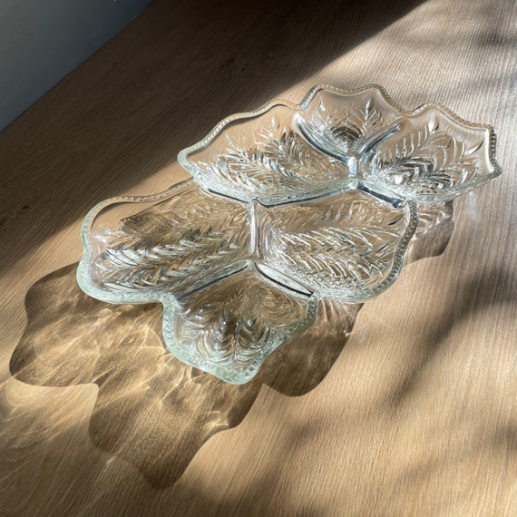 Serving Platter Relish Tray Vintage 1950s Jeannette Feather 17" Leaf Shape 6 Part Sectioned Relish Crystal Clear Pressed Glass Mid Century