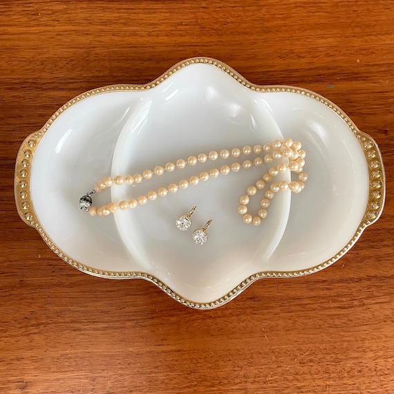 Vintage Fire King by Anchor Hocking Milk Glass Tray with 22k Gold Trim