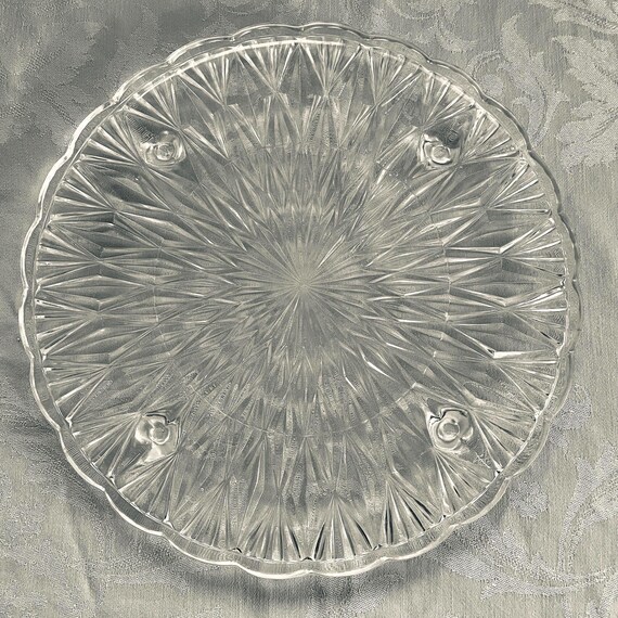 Vintage Geometric Glass Footed Cake Plate - Art Deco Serving Platter