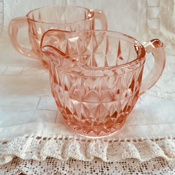 Pink Depression Glass Duo: Creamer and Open Sugar Bowl, Windsor Pink by Jeannette Glass, Vintage 1930s