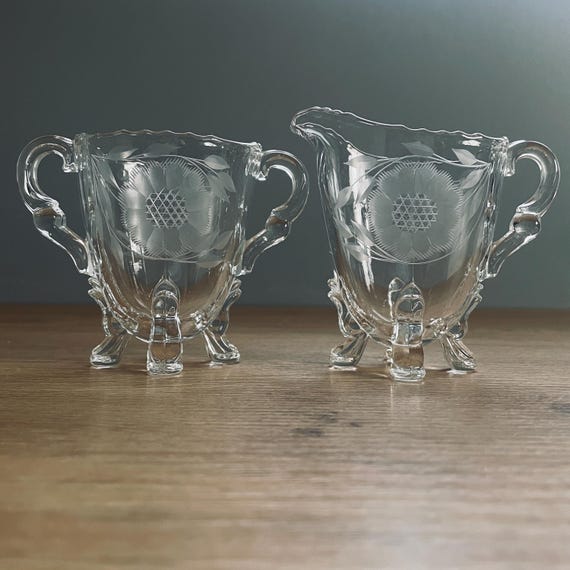 New Martinsville Viking Glass Creamer and Sugar Set Hughes Corn Flower Etched Cornflower Crystal, Vintage Tableware Coffee & Tea Serveware