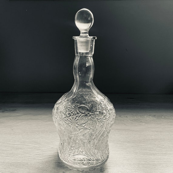 Early 1900s Antique Fancy Decanter Bottle & Stopper - Indiana Glass Decanter with Narcissus Flowers Design, EAPG Daisy and Button Pattern