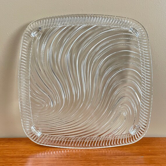 Mid Century Vintage Cake Platter Plate by Kromex Square Shape Wave Wavy Swirl Pattern Clear Glass Cakes Cupcakes Serving Platter Serveware