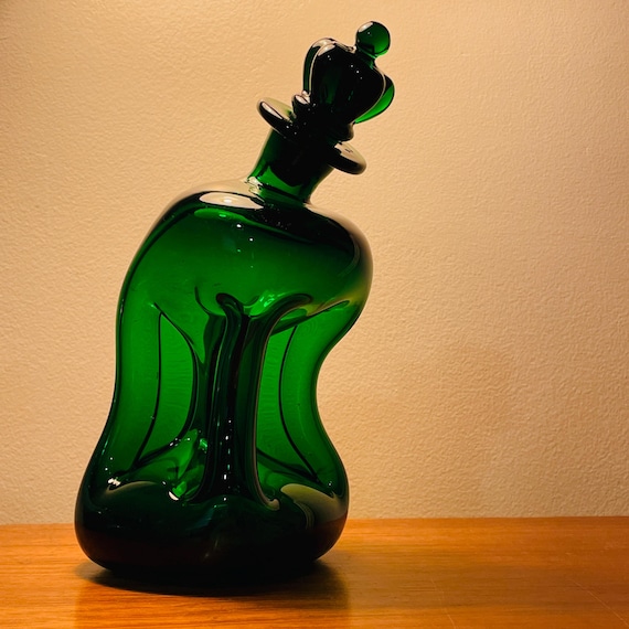 Vintage Holmegaard Green Kluk Kluk Decanter with Crown Stopper – Jacob Bang Danish Mid Century Modern Glass – 1970s Space Age Barware