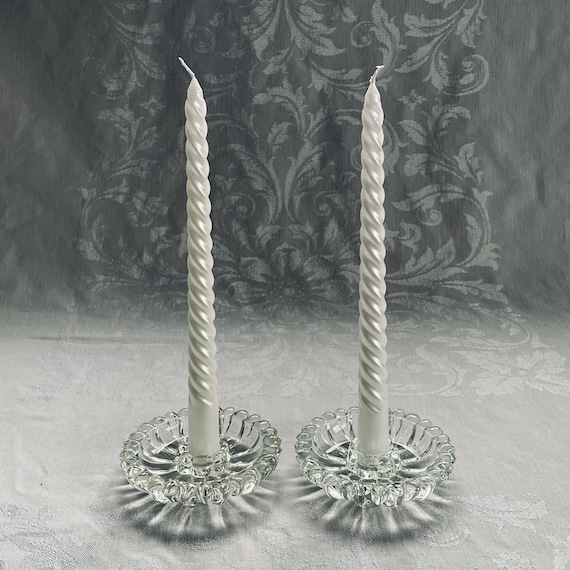 Sparkling Pair of 1950s Hazel-Atlas Candlestick Holders in Daisy Pattern - Floral Patterned Taper Candle Holders