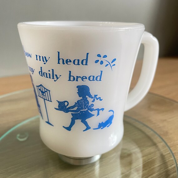 Collectible Vintage Fire King Milk Glass Mug - Give Thanks Daily Bread Prayer - Retro MCM Decor - Anchor Hocking Milkglass