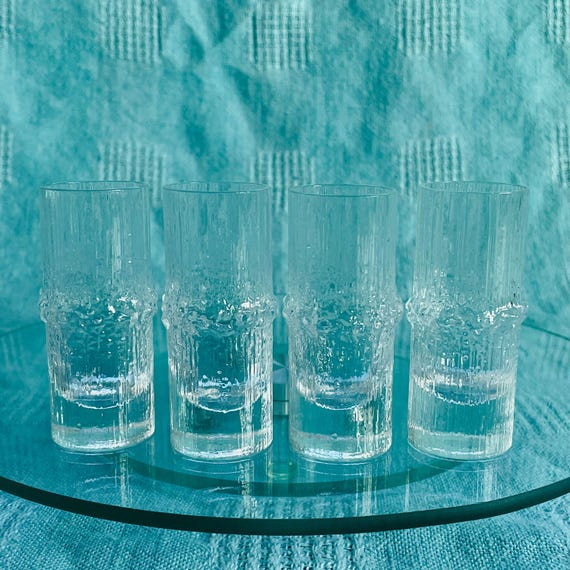 Set of Four Iittala Niva Cordial Shot Glasses by Tapio Wirkkala for Iittala Finland - MCM Finnish Ice Glass Design - Ice/Bark Textured Glass