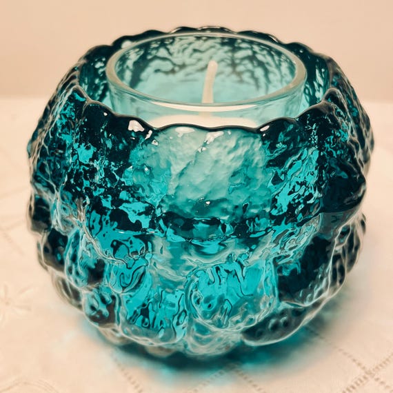 Vintage L.E. Smith Teal Glass "Snow Ball" Votive - Lava Ice Glass, Mid-Century Modern Candle Holder