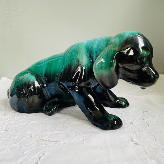Vintage Blue Mountain Pottery Large Puppy Dog Figurine in Teal/Blue/Green Glaze, Handcrafted in Collingwood, Ontario, Canada