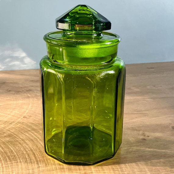 Vintage LE Smith Avocado Green Glass Canister: 9.75" Paneled Apothecary Jar