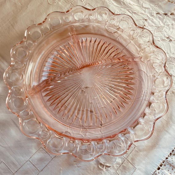 Serving Plate, Vintage 1930s Pink Depression Glass, Lace Edge Pink Pattern from Anchor Hocking, 3 Section Glass Platter