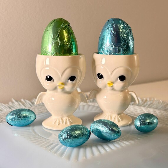 Vintage Anthropomorphic Chick Egg Cups – Set of 2, Mid Century Japan
