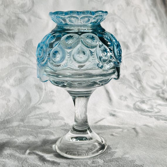 Vintage Moon & Stars Fairy Lamp Blue Glass - 2 Piece Candle Lantern, L.E. Smith, Weishar Glass