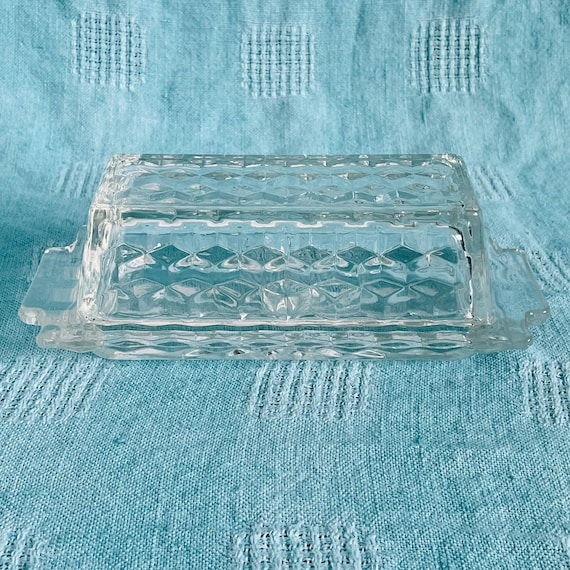 Geometric Cube Pattern Glass Butter Dish - Timeless Vintage Glass Serveware by Indiana Glass Company