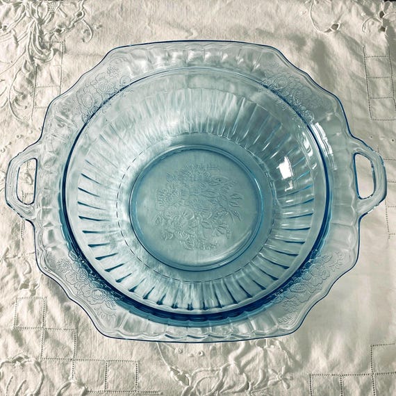 1930s Mayfair Ice Blue Depression Glass 11" Handled Round Vegetable Bowl by Anchor Hocking