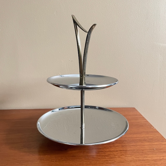 Stylish Mid Century 2-Tier Serving Tray Set in Brass and Chrome - Kromex Mini Tidbit Trays - Vintage Party Serveware