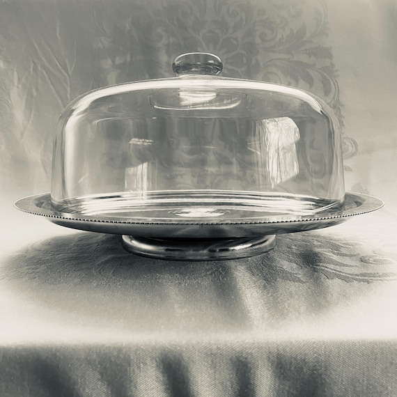 Vintage Kromex Lazy Susan Cake Stand with Glass Dome: Mid Century Chrome Server