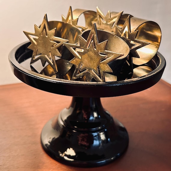 Vintage Brass Atomic Starburst Napkin Rings – Set of 5, Mid Century Modern Table Decor