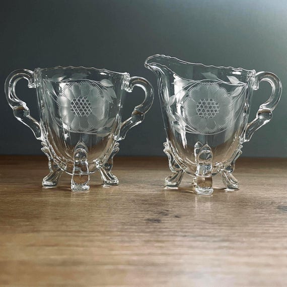 Vintage Viking Glass Creamer & Sugar Set: Hughes Corn Flower Etched Crystal