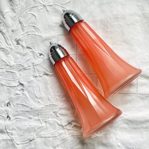 Vintage Libbey of Canada Pink Frosted Salt & Pepper Shakers - Mid Century Modern Chrome Bullet Lids - Retro Kitchen Decor