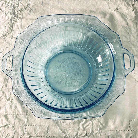 1930s Mayfair Ice Blue Depression Glass 11" Handled Round Vegetable Bowl by Anchor Hocking