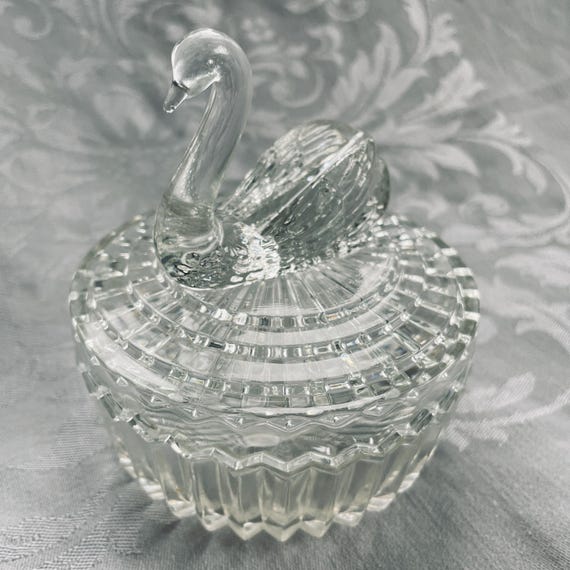 Vintage Jeannette Glass Swan Powder Trinket Box - Art Deco Lipstick Holder