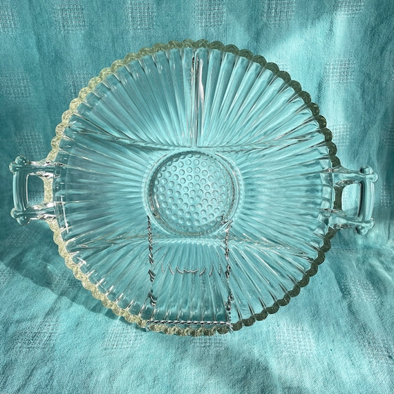 1940s Vintage Jeannette Glass Relish Set (6 Part Relish Tray & Jar w/ Lid), National Clear by Jeannette Glass Serving Platter, Condiment Jar