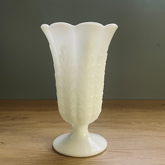Vintage E.O. Brody Milk Glass Vase: Fern Leaf Design, 9" MCM Decor