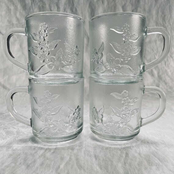 Vintage Floral Pattern Clear Glass Mugs, Mountain Aire by KIG Indonesia, Dogwood Floral Mist Pattern, Set of 4