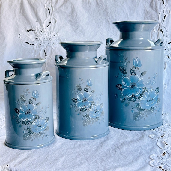 Vintage Blue Floral Ceramic Milk Canister Set – Cottagecore Farmhouse Kitchen Decor