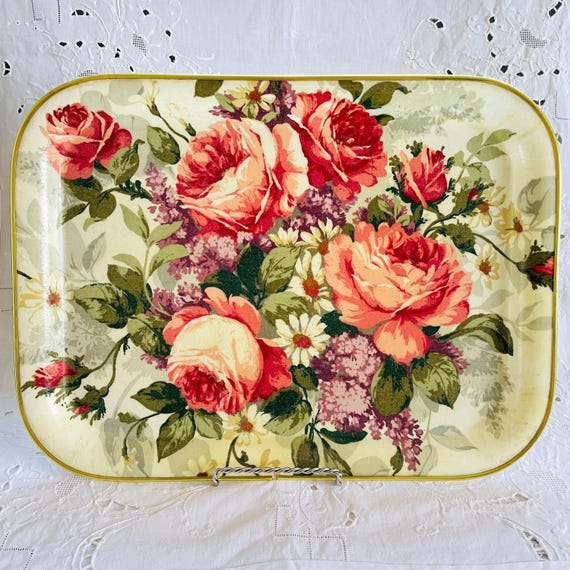 Vintage Floral Pattern Rectangular Tray from Keswick Fancy Goods UK, Decorative or Serving Tray, Retro 1970s Flower Power