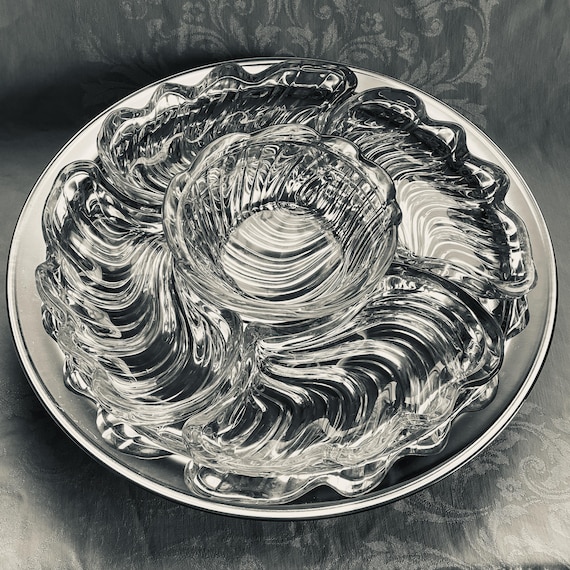 Kromex Buffeteria Susan Party Platter - Mid Century Vintage Lazy Susan with Chrome Rotating Base, 4 Glass Relish Tray Sections and Dip Bowl