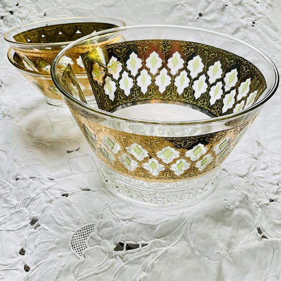 Culver Valencia Barware Set: Mid-Century Green & Gold Filigree Snack Bowls