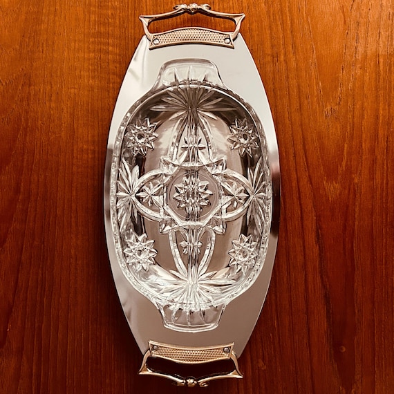 Kromex Mid Century Chrome Relish Server with Anchor Hocking Prescut Glass Dish