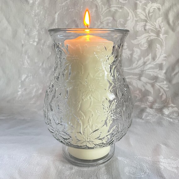 Vintage Crystal Pillar Candle Holder, Princess House Fantasia Poinsettia, Floral Glass Decor