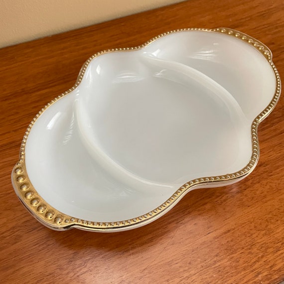 Vintage Fire King Milk Glass Relish Tray: 22k Gold Trim, Mid Century Serving Dish