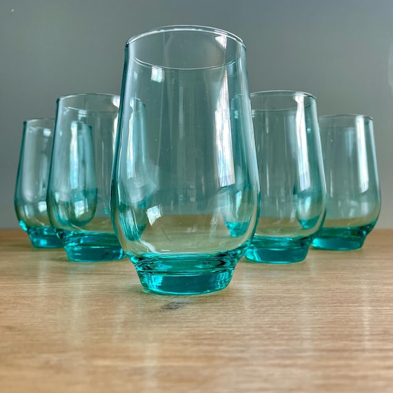 Libbey Tempo Turquoise/Teal 10oz. Tumblers (Set of 5) - 1970s Retro Drinkware