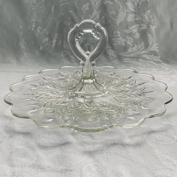 1950s Center Handle Tray Feather Pattern by Jeannette Glass Co. - Vintage Depression Glass Sandwich Server or Dessert Tidbit Platter