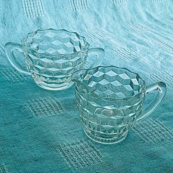 Vintage 1930s Jeannette Glass Co. Cube Pattern 3pc. Coffee Serving Set - Sugar, Creamer, and Underplate