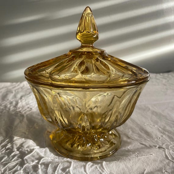 Vintage Amber Glass Candy Dish & Lid, 1970s Anchor Hocking Fairfield Amber Candy Bowl, Honey Gold Glass Tableware